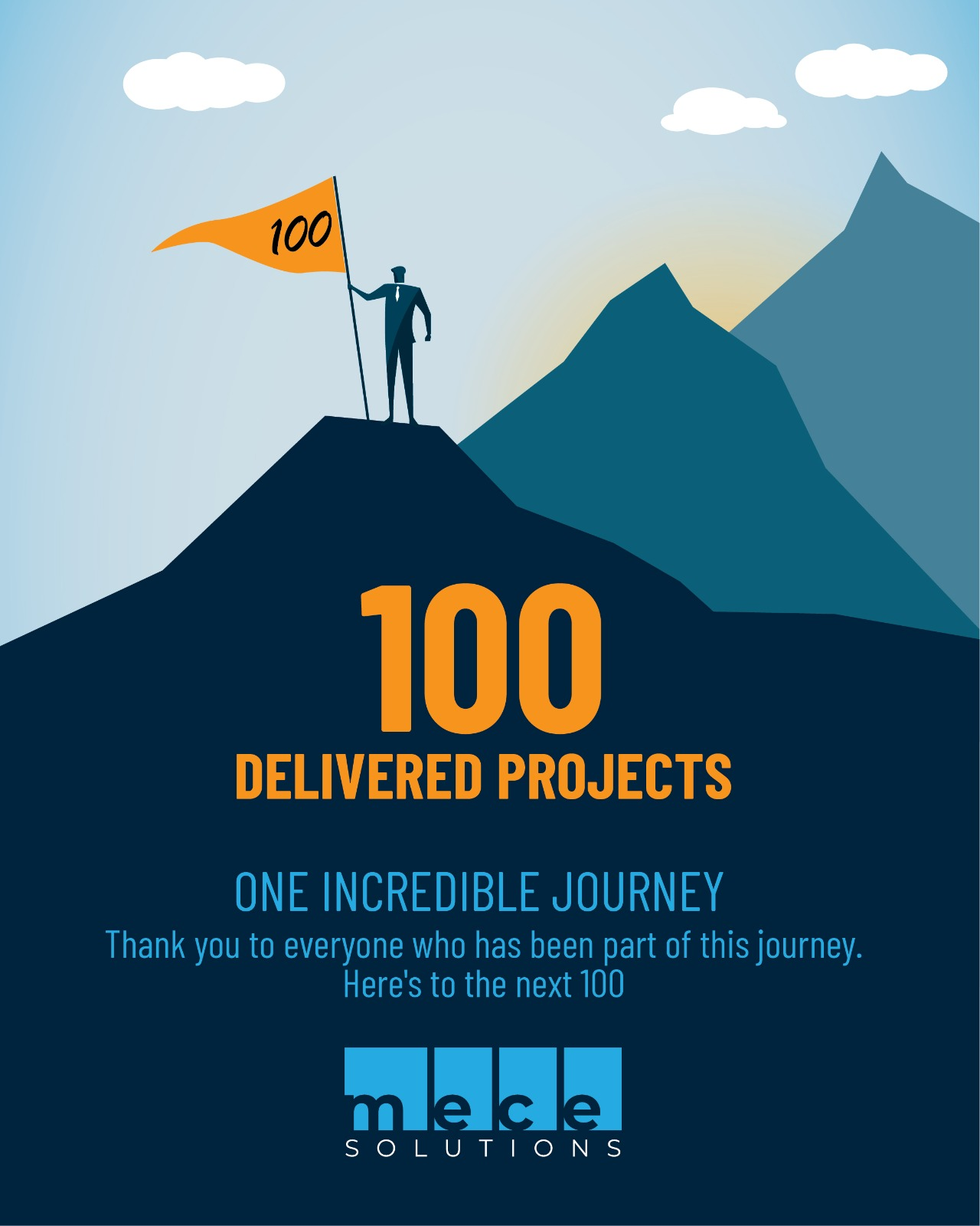 Illustration of a consultant planting a flag marked 100 on a mountain peak