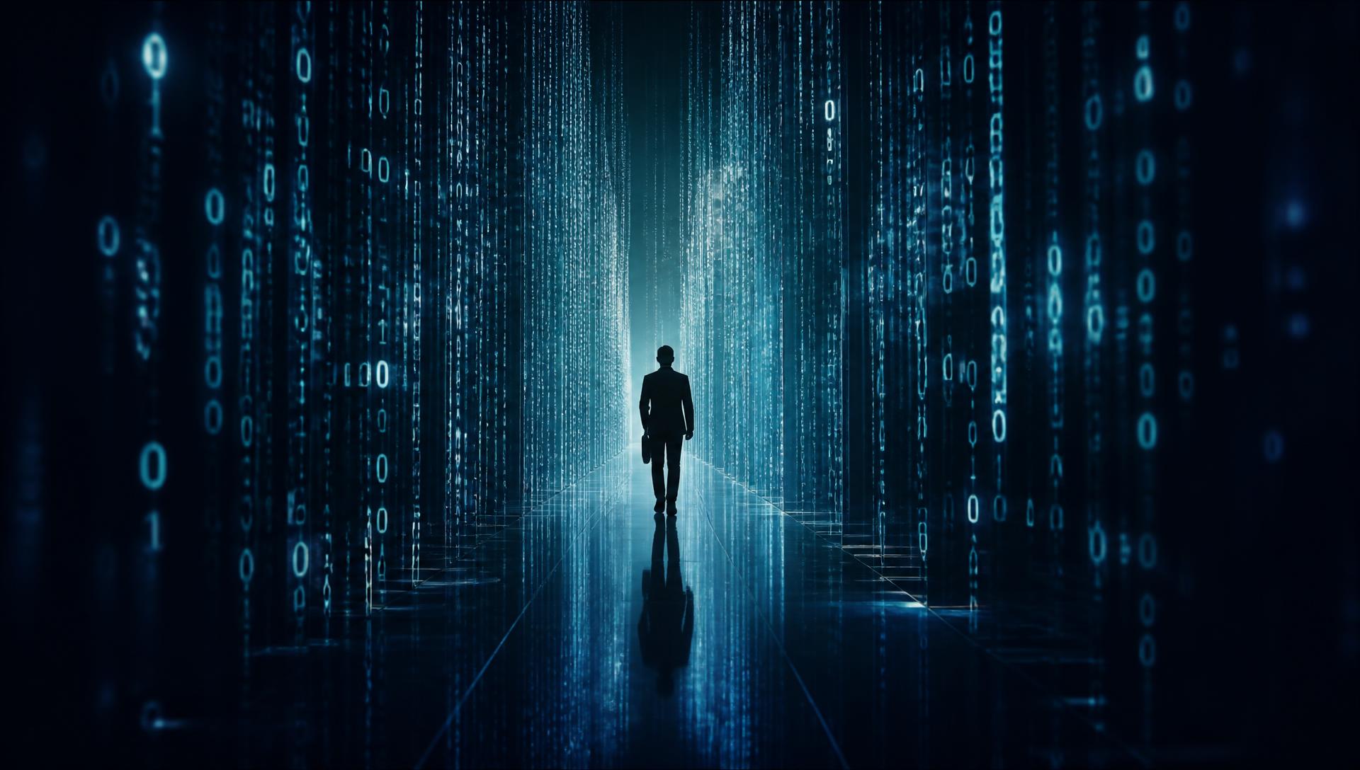 A consultant walking through a corridor of cascading data